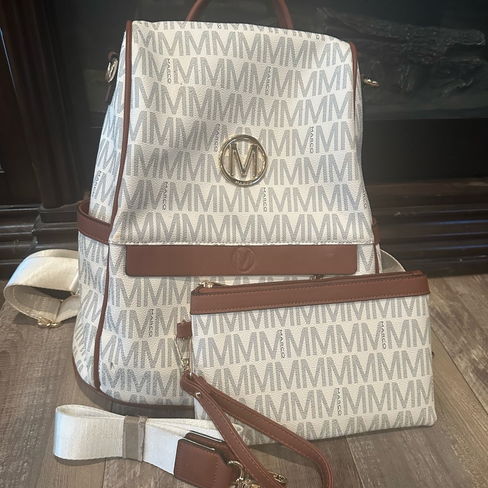 MPK White and Brown Backpack with Gold Accents